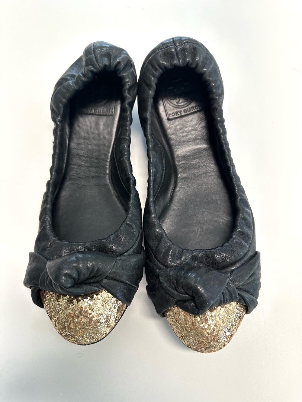 Tory Burch Black Leather Glitter Cap Toe Ballet Flats Size 10.5M ✨